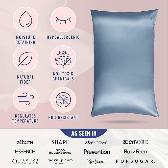 Blissy Silk Pillowcase - 100% Pure Mulberry Silk - 22 Momme 6A High-Grade Fibers - Silk Pillow Cover for Hair & Skin - Regular, Queen & King (Ash Blue, Queen)