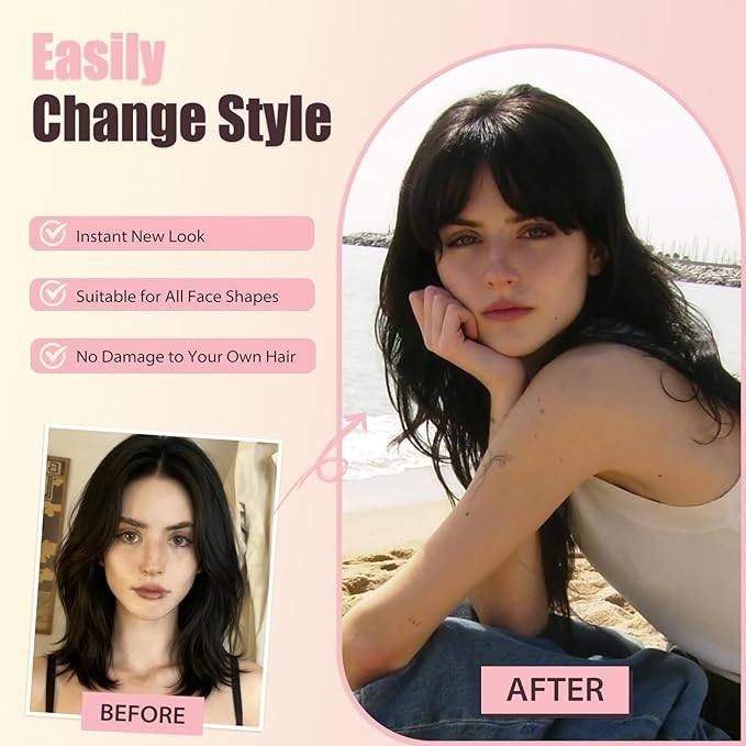 Clip in Bangs, Synthetic Wispy Bangs Hair Clip, Wine Red Fake Bangs Fringe with Temples Hairpieces for Women Natural Curved Hair Extensions for Daily Wear
