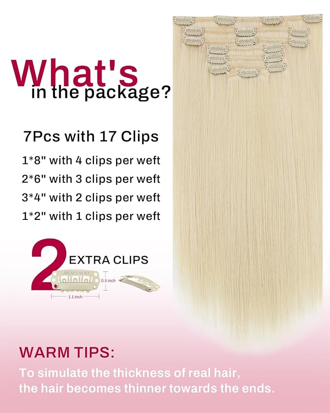 Moresoo Blonde Clip in Hair Extensions Remy Human Hair Golden Platinum Blonde Human Hair Clip in Extensions #60 7Pcs/120G 20inch