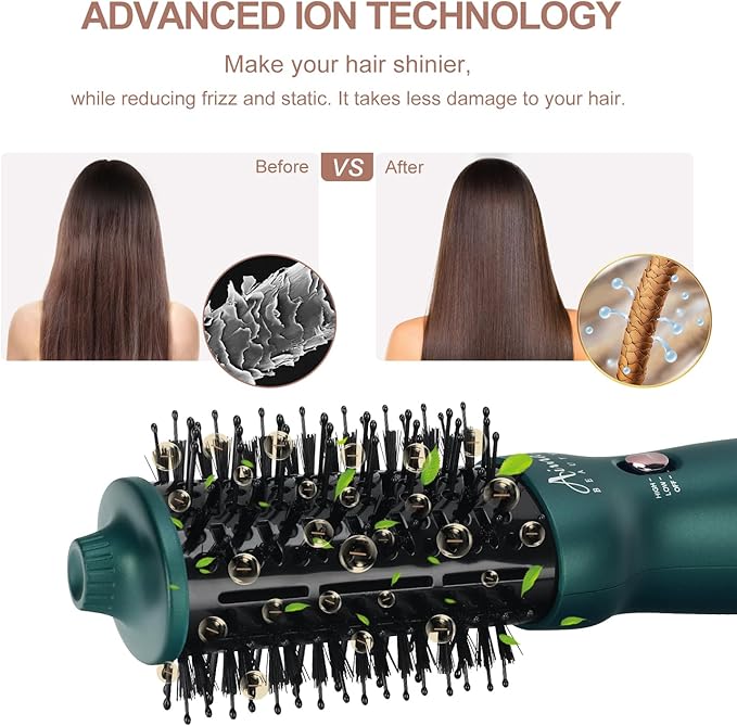 Aima Beauty Hair Dryer Brush Dual Voltage Worldwide Travel Blow Dryer Brush Hot Air Brush Oval Barrel 110-120V/220-240V 360°Airflow,Negative Ionic Frizz-Free Dry/Straightening/Voluming, Dark Green