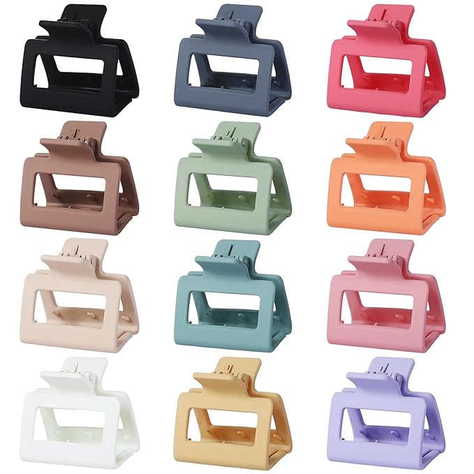 2 Inch Medium Hair Claw Clips 12 Pcs Square Hair Clips for Thin Hair Matte Nonslip Acrylic Banana Jaw Clips Bulk Hair Accessories for women and Girls - Colorful