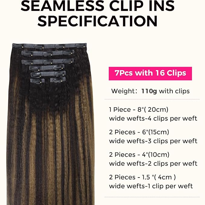 Lashey Seamless Clip in Hair Extensions Human Hair 110g 7pcs Kinky Straight Natural Black Mixed Chestnut Brown Clip in Hair Extensions for Black Women 14 Inch 100% Remy Human Hair Extensions