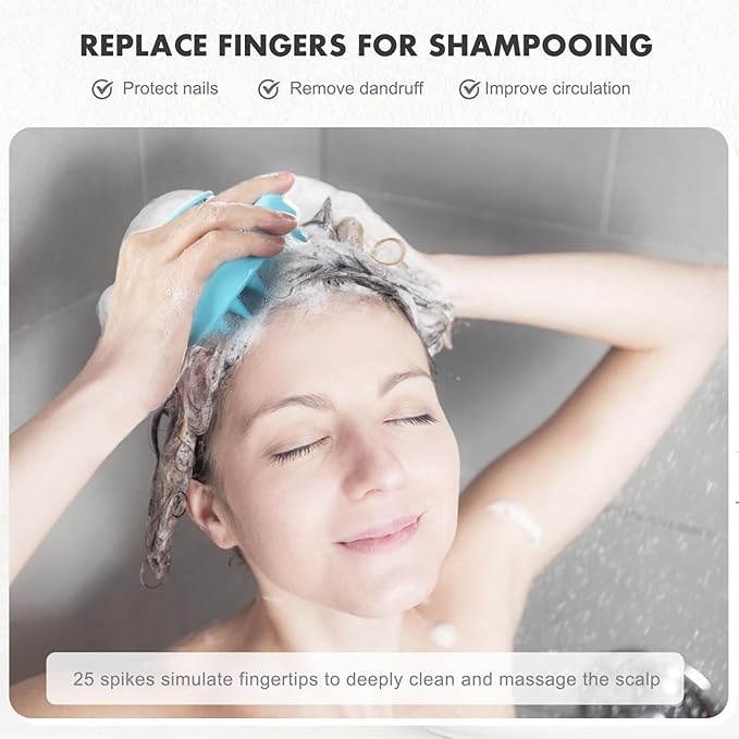 FREATECH Massager Shampoo Brush with Soft Silicone Bristles for Scalp Care, Shower Hair Scalp Scrubber Exfoliator for Dandruff Removal and Hair Growth, Wet & Dry for Men, Women and Kids, Light Blue