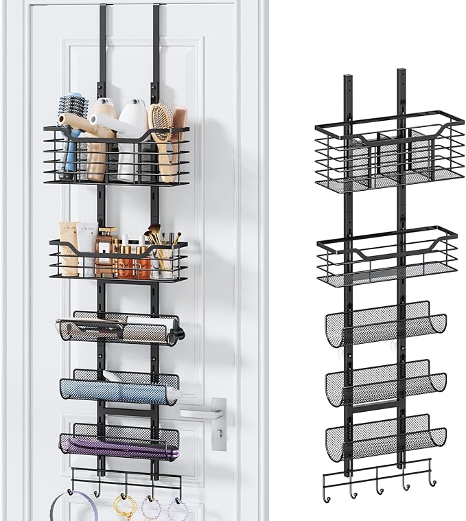 Consumest 6-Tier Hair Tool Organizer - Hair Dryer Holder Over The Door/Wall Mounted DIY Adjustable Shelf Bathroom Door Organizer with Hook for Curling Iron/Blow Dryer/Straightener Black