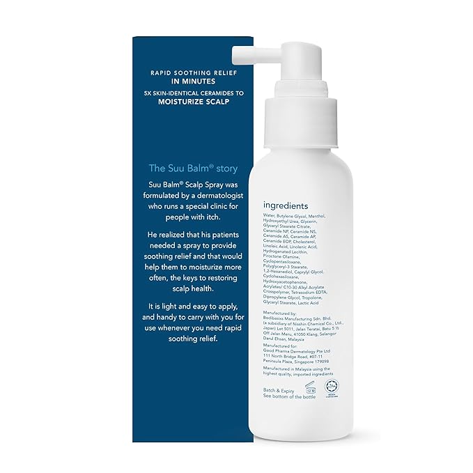 Suu Balm Rapid Itch Relief Anti-Dandruff Scalp Spray Moisturizer, Dry Scalp Spray, Cooling Itchy Scalp Treatment for Flaky Sensitive & Psoriasis, Derm-Formulated. Menthol & 5 Ceramides, 3.38 fl oz