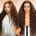 Arabella Chocolate Brown Deep Wave Lace Front Wigs Human Hair 13x6 HD Lace Frontal Wigs Curly Human Hair Brown Glueless Wig For Women Pre Plucked with Natural Hairline 30 Inch