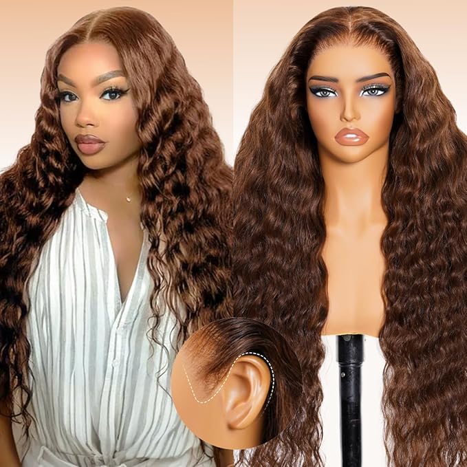 Arabella Chocolate Brown Deep Wave Lace Front Wigs Human Hair 13x6 HD Lace Frontal Wigs Curly Human Hair Brown Glueless Wig For Women Pre Plucked with Natural Hairline 30 Inch