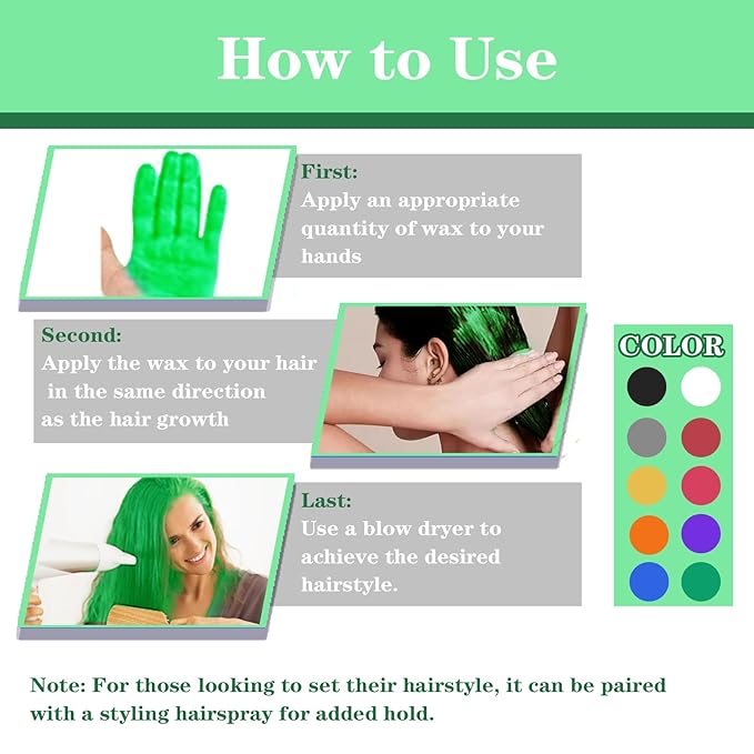 Green Hair Color Wax Washable, Temporary Hair Color Dye for Kids, Natural Instant Color Wax Hairstyle Cream Hair Pomades for Women & Men Party Cosplay Halloween, Gifts for Teens