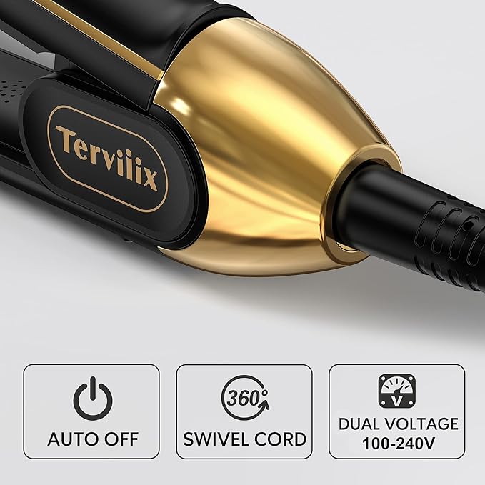 Terviiix 100% Titanium Flat Iron, 24K Salon Professional Hair Straightener and Curler 2 in 1, Non-Snagging Straightening Iron for One Swipe, 15s Ultra Fast Heating, Dual Voltage, Auto Shut Off, 1''