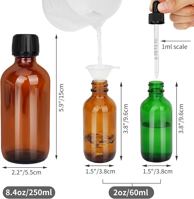 Mister Spray Bottle - 8.4oz Refillable Bottle for Hair, Plants, Cleaning Solutions, Essential Oils, Hair Mister, Adjustable Nozzle with Glass Misters 2oz per Unit, Funnel, Dropper