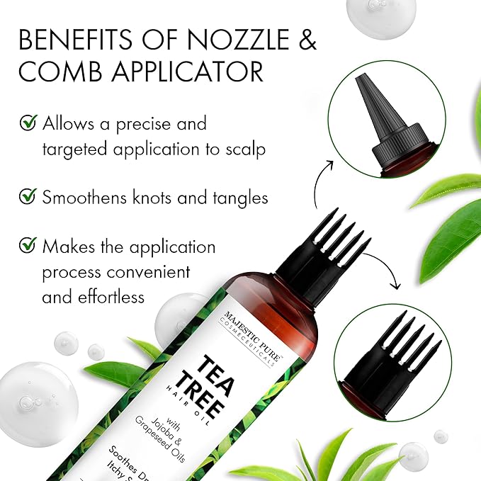 Majestic Pure 100% Pure Tea Tree Oil For Hair Growth - Strengthening, Nourishing, Volumizing - Infused with Jojoba Oil & Grapeseed Oil - Non GMO Verified - 6.7 Fl Oz