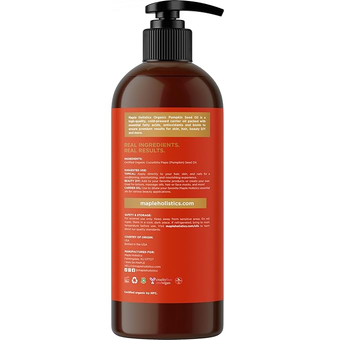 Pumpkin Seed Oil Organic Certified - 100% Pure Organic Pumpkin Seed Oil for Hair and Anti Aging Face Oil - USDA Organic Hair Oil for Dry Hair and Volume - Virgin Cold Pressed & Unrefined (16oz)