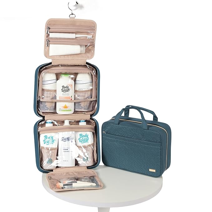 NISHEL Travel Toiletry Bag for women, Portable Hanging Organizer for Family-Sized Shampoo, Conditioner, Brushes Set, Makeup Accessories, Extra Large Size, Lake-Blue