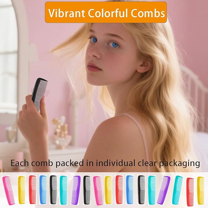 Hair Combs Bulk, 50pcs Individually Wrapped, Colorful Pocket Hair Comb Set Fine Tooth Dressing for Women/Men, Travel, Hotel, Airbnb, Operation Christmas Child Shoeboxes, Homeless, Shelter, Charity