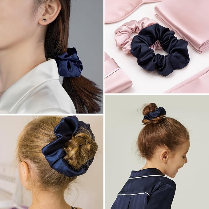 LILYSILK Silk Hair Scrunchies for Frizz & Breakage Prevention 100% Mulberry Silk Hair Ties No Damage Elastic Silk Ponytail Holders, 1Pc, Navy Blue
