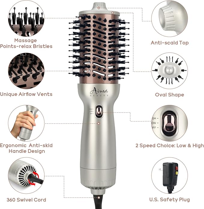 Aima Beauty 4 in 1 Worldwide Travel Hot Air Brush Dual Voltage Blowout Brush Oval Shape 110V-120V/220V-240V Straightener Blow Dryer Brush Ionic Lock Moisture Gift 360° Swivel Cord Champagne Silver