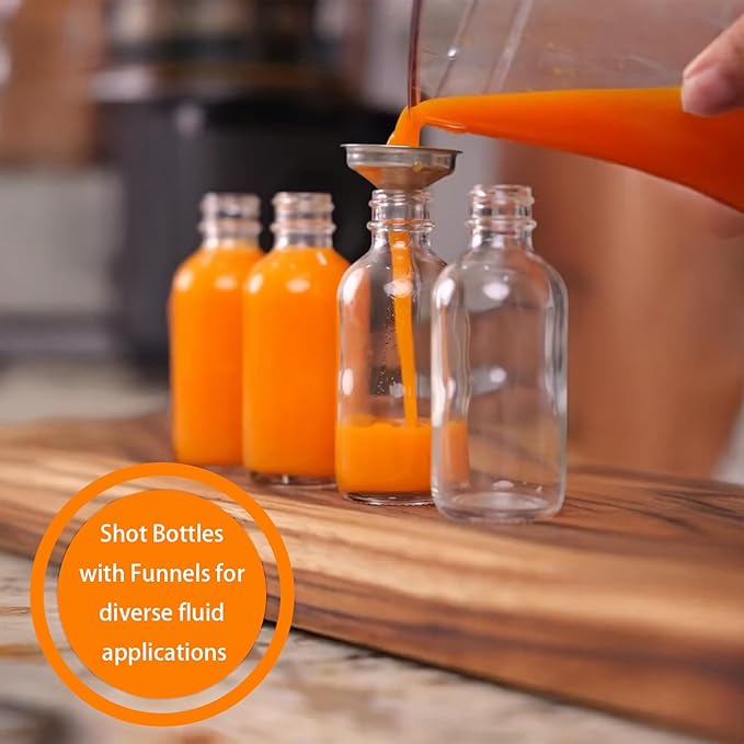DIDITIME 6 Pack 2 oz Shot Bottles with Caps & Stainless Steel Funnels, Juicing Bottle Reusable Glass, Mini Travel Bottles, 60ml Small Jars with Lids for Potion, Ginger Shots, Oils, Juice