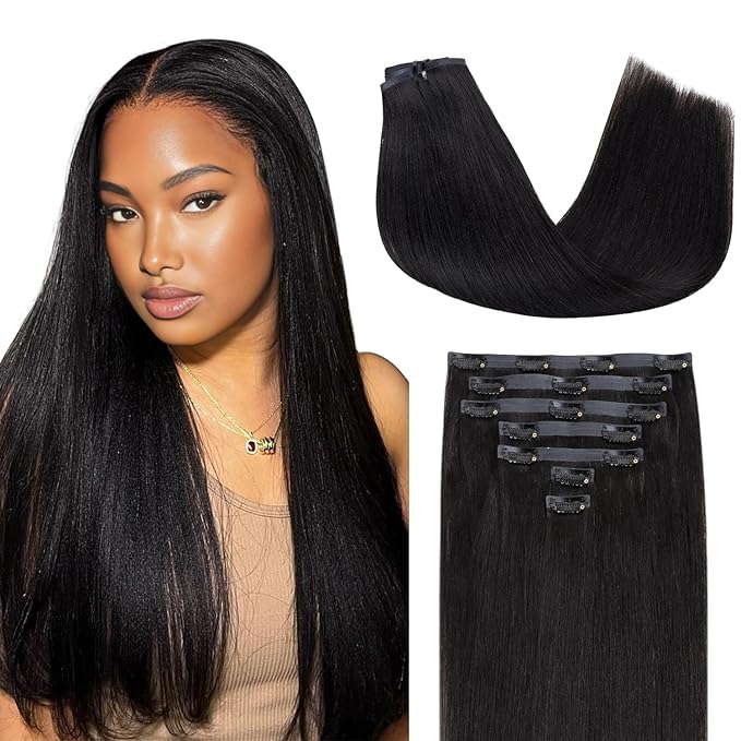 Lashey Seamless Clip in Hair Extensions Human Hair #1 Jet Black Light Yaki Straight Clip in Extensions Real Human Hair 7pcs 110g 14 Inch PU Weft Natural Hair Extensions for Women