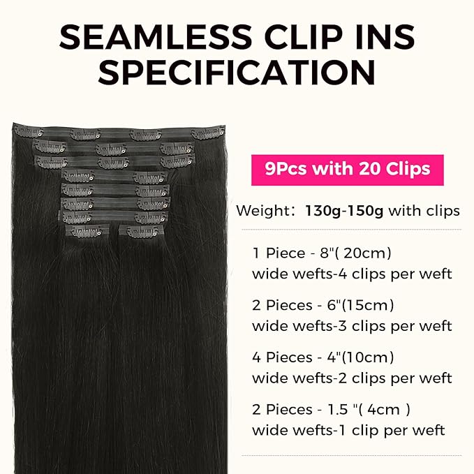 Lashey Seamless Clip in Hair Extensions 9pcs 130g Real Human Hair Extensions, 16 Inch #1B Natural Black Remy Human Hair Extensions Clip in Real Human Straight Soft Hair