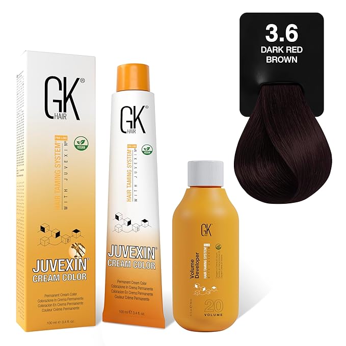 GK HAIR Global Keratin Reds 3.6 Dark Brown Hair Color Cream Tube (3.4 Fl Oz/100ml) + 20 Volume Developer (5 Fl Oz/150ml) - Professional Permanent Long Lasting Toner Dye