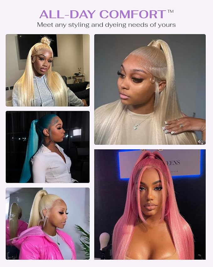 Hidden Strap Straight 360 613 Lace Front Wigs Human Hair Invisible Strap Pre Plucked 180% Density SALON-Quality Blonde Wig with Drawstring Glueless Wigs HD Full Lace Human Hair Wigs 28inch