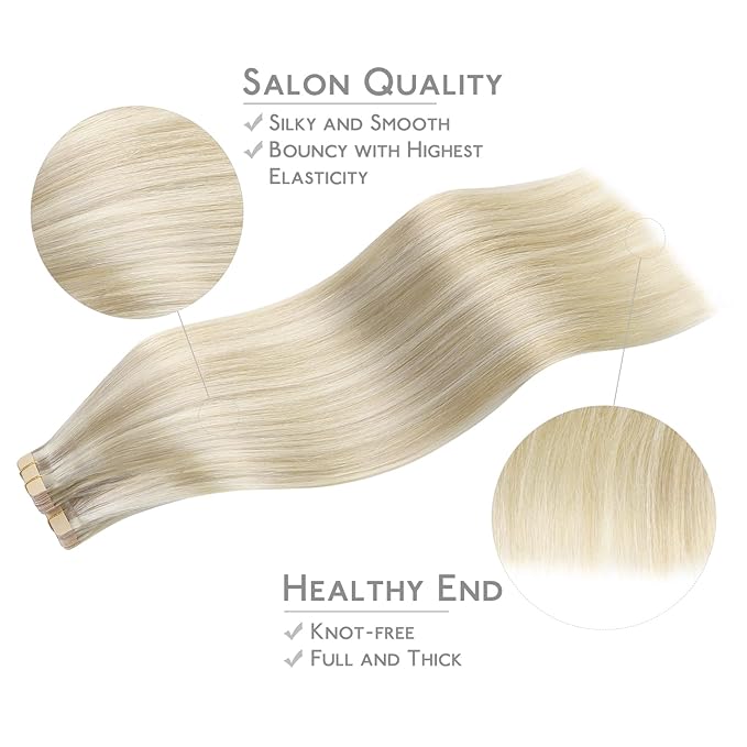 WENNALIFE Tape in Hair Extensions Human Hair, 40pcs 120g 26 inch Ash Blonde Highlighted Platinum Blonde Remy Hair Straight Tape in Extensions Invisible Reusable Real Hair Extensiones De Cabello Humano