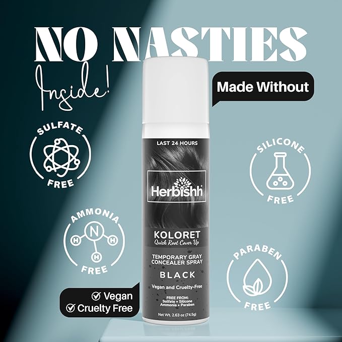 Herbishh Koloret Quick Root Touch Up Hair Color Spray Black (74.5g), Instant Gray & Black Root Cover Up, Temporary Hair Color Spray, Lightweight Non-Sticky Dye Mist, Travel Aerosol