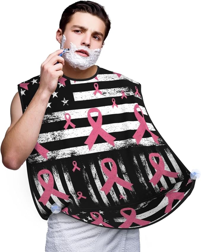 Waterproof Beard Grooming Bib, Breast Cancer Awareness Ribbons American Flag Black Shave Bib, Non-Stick Hair Catcher for Shaving Trimming, Apron Essential for Men Dad