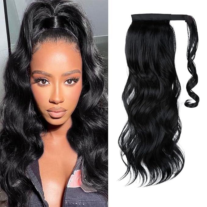 CJL HAIR 22" Long Ponytail Hair Extension Wrap Around Pony Tail Clip in Curly Wavy Synthetic Fake Hairpiece for Women Jet Black