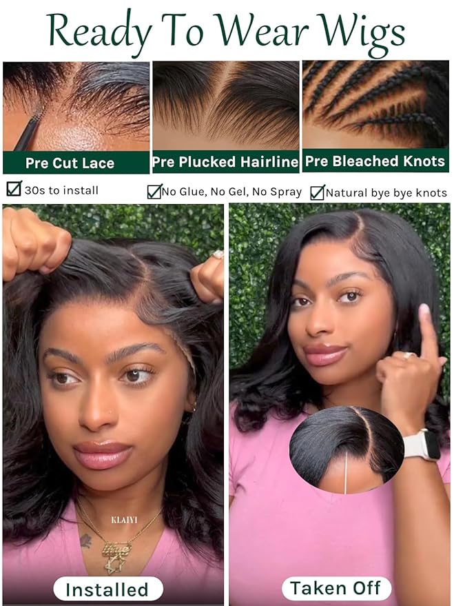 KLAIYI Light Yaki Straight Bob Loose Wave Pre Everything 13x4 Lace Front Wigs Human Hair Precut Lace Pre Plucked Bleached Glueless Wear and Go Wigs for Women Bye Bye Knots Wig Beginner Friendly 14Inch