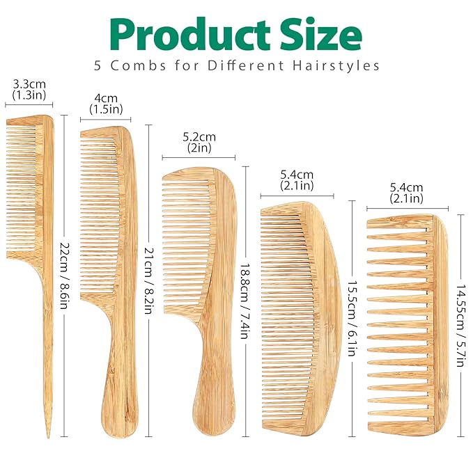 5 Pcs Natural Handmade Bamboo Anti-Static Combs Set - Wide Tooth, Rat Tail and Fine Tooth for Long, Short, Thick, Thin, Wavy or Curly Hair Detangling (Natural)