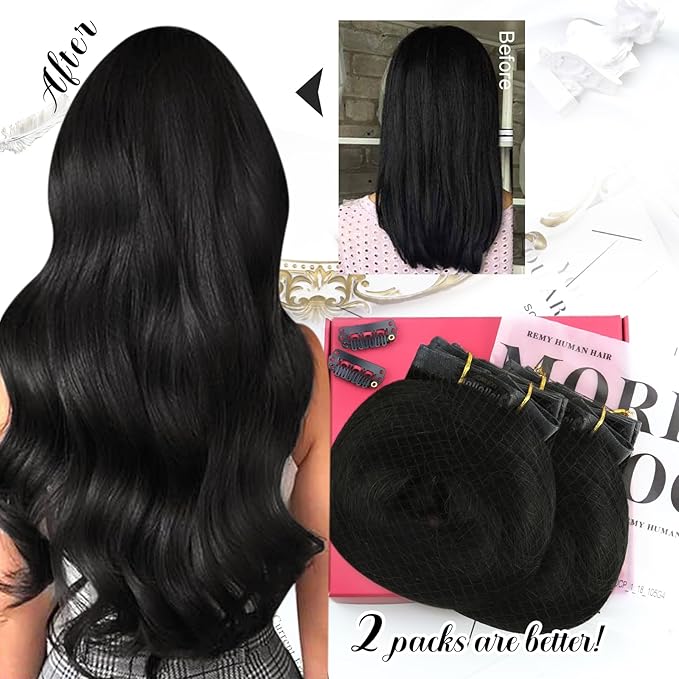 Moresoo Seamless Hair Extensions Clip in Black Clip in Extensions Real Human Hair Black Natural #1B Pure Skin Invisible for Women Long 120g/7pcs 16in