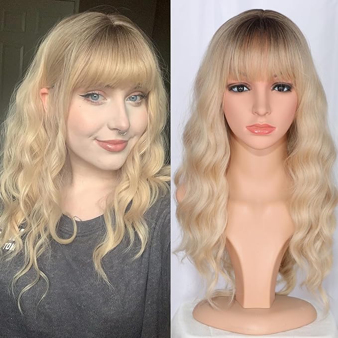 Medium Long Blonde Wavy Wigs For Women Synthetic Full Hair Wigs With Bangs For Daily Use (Blonde)