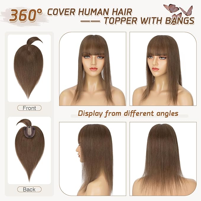 Rich Choices Real Human Hair Toppers for Women With Bang 100% Remy Human Hair Topper for Thinning Hair Clip in Silk Base Hair Topper 14 Inch #4R Chestnut Brown