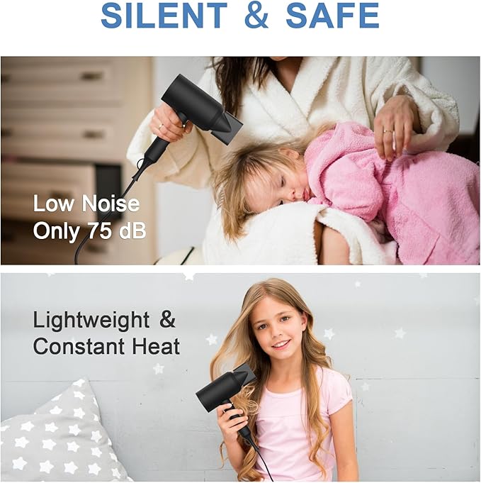slopehill Professional Ionic Hair Dryer, Powerful 1800W Fast Drying Low Noise Blow Dryer with 2 Concentrator Nozzle 1 Diffuser Attachments for Home Salon Travel (Black)