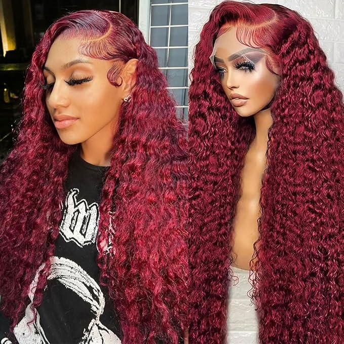 BVLBVL 40 Inch 99j 13x6 HD Lace Front Wigs Human Hair 250% Density Deep Wave Lace Front Wigs Pre Plucked Burgundy Wig Human Hair Wet And Wavy No Tangle No Shedding Triple Lifespan 3x
