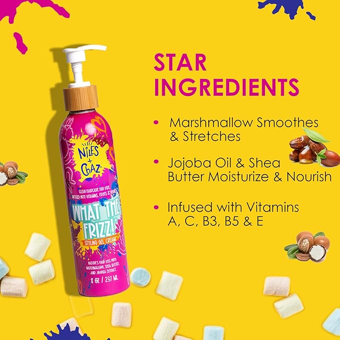 Niles and Chaz What the Frizz! Styling Gel Cream - Kids Curl Cream, Frizz Control, Hydrated & Defined Curls - Paraben, Sulfate, Silicone Free - Curly, Coily, Wavy Hair Products for Kids (8 fl Oz)