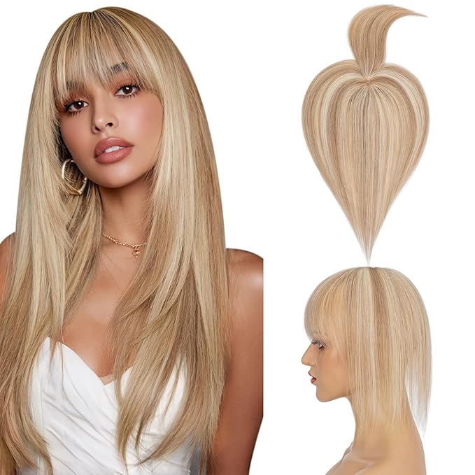 Hairro Mono Hair Toppers with Bangs, 3.4" x 3.4" Mono Base 100% Real Human Hairpieces for Women, 150% Density Clips In Topper for Greyish Thinning Hair, 10 Inch Golden Brown Mix Bleach Blonde