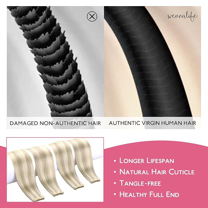 WENNALIFE Tape in Hair Extensions Human Hair Ash Blonde Highlighted Platinum Blonde Tape in Extensions, 10pcs 30g 26 inch Remy Invisible Tape Ins Straight Soft Real Human Hair Tape in Extensions