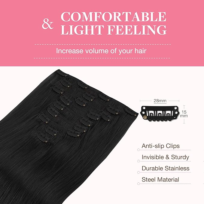 GOO GOO Clip in Hair Extensions Real Human Hair, Remy Human Hair Extensions Clip ins for Women, Natural Human Hair, 22inch 220g 9Pcs, #1 Jet Black