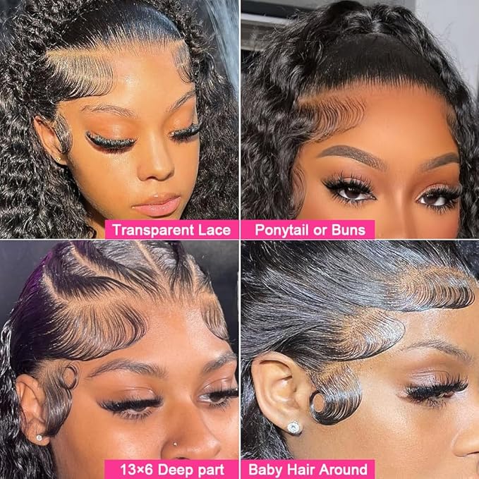 34 Inch 13×6 HD Lace Front Wigs Human Hair Water Wave 200 Density Lace Frontal Wigs Pre Plucked Deep Curly Human Hair Wig for Women Natural Black