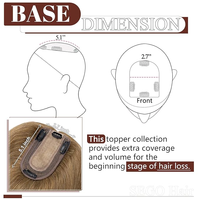 SEGO Real Human Hair Topper for Women, No Bangs Hair Topper with Anti-Slip Clips (14 Inches Light Brown)
