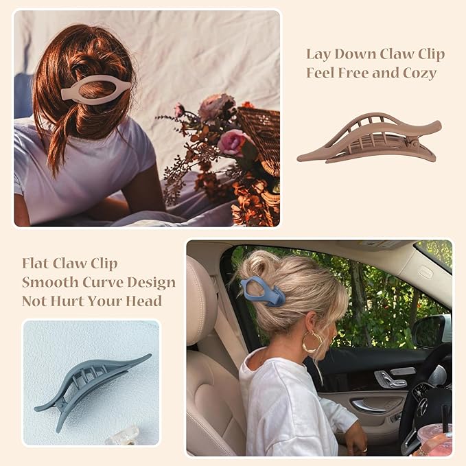 Flat Hair Clip 6 pcs Lay Down Claw Clips Hair Accessories for Women -Brown Blue