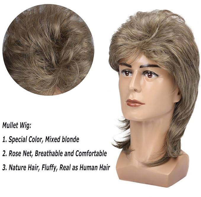 Kaneles Mullet Wigs for Men 80s Costumes Fancy Party Accessory Cosplay Halloween Hair Wig (Blonde)