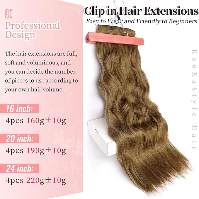 KooKaStyle Clip in Synthetic Hair Extensions Long Wavy 4PCS Thick Hairpieces Brown with Multi - Tone Highlights Fiber Double Weft Natural 24 Inch for Women