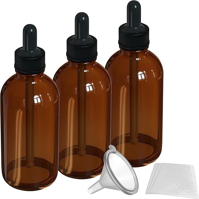 Nevlers 3 Pack Amber Dropper Bottle 4oz Set | Amber Tincture Bottles with Dropper, Shrink Wraps and Funnel | Leakproof Small Oil Bottles for Hair or Eye Dropper Bottle