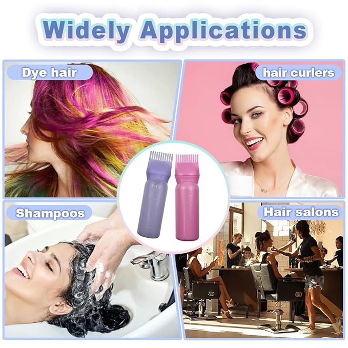 4 Pack Root Comb Applicator Bottle, Hair Oil Comb Applicator for Hair Dye, Shampoos, Salons (Purple+Pink)