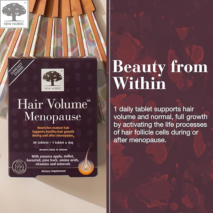 New Nordic Hair Volume Menopause, Supports Healthy Hair Growth During & After Menopause, Nourishes Mature Hair for Post-Menopausal Women, 30 Tablets