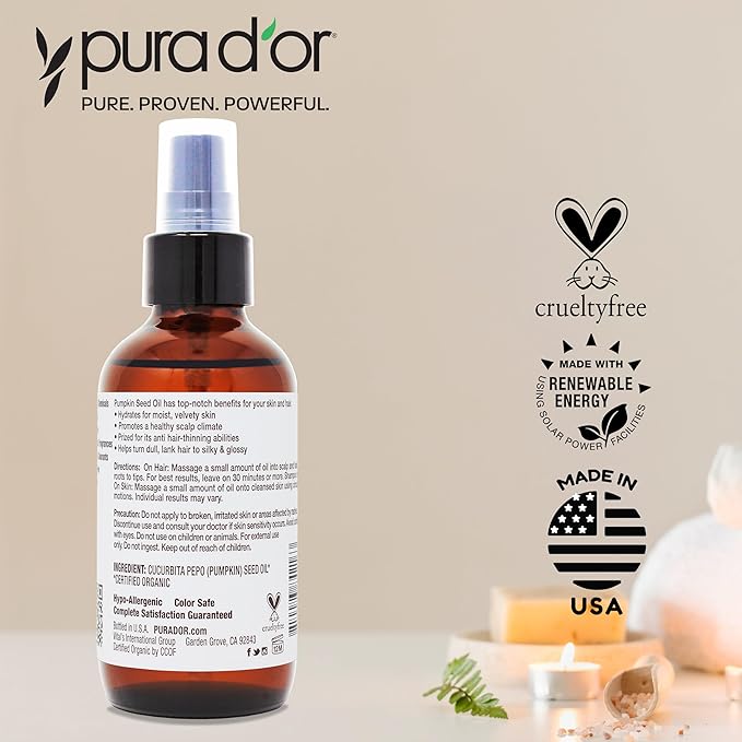 PURA D'OR 4 Oz Organic Pumpkin Seed Oil - 100% Pure USDA Certified Premium Grade Body Oil & Hair Growth Serum - After Shower Body Oil For Women & Men - Cold Pressed, Unrefined, Hexane-Free Skin Oil