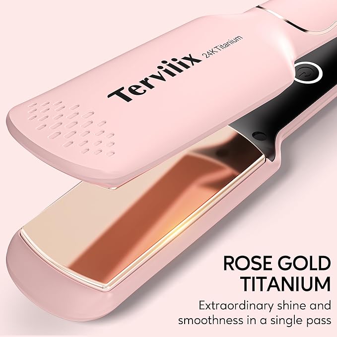 Terviiix Titanium Flat Iron Hair Straightener - ARC Non-Snagging for Smooth, One-Swipe Results, Salon-Grade Wide 1-3/4 Inch Straightening Iron Saves Time on Thick, Curly, Black & Natural Hair, Pink